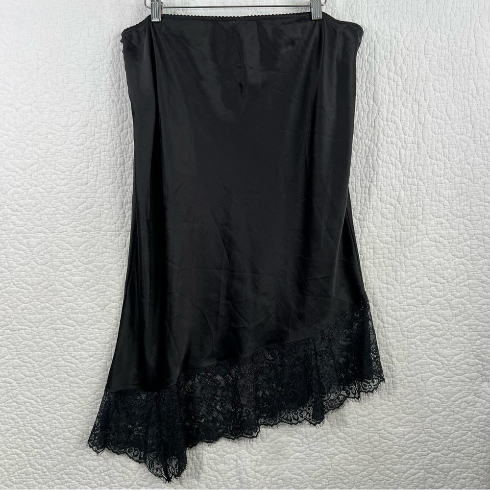 Anthropologie Black Midi Slip Skirt Asymmetrical Lace Hem Women’s XL - Picture 3 of 11